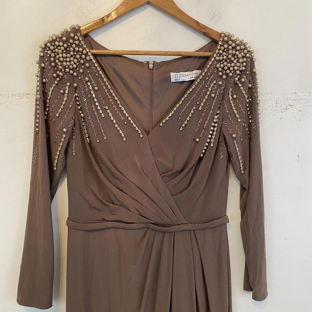 IEENA MAC DUGGAL taupe jersey faux wrap beaded maxi formal dress sz 6 - Picture 6 of 6